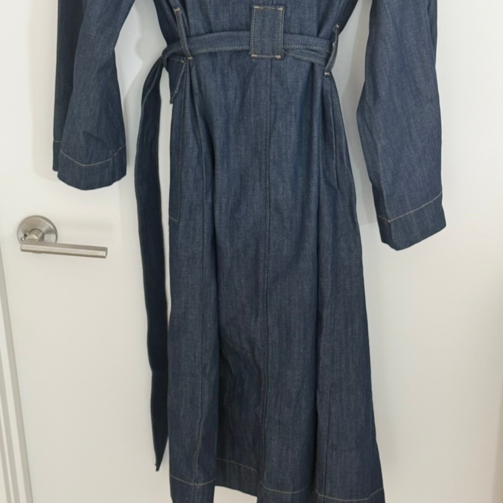 Banana Republic Denim Trench Coat Indigo Blue Belted Duster Medium Boho NWT - Picture 9 of 14